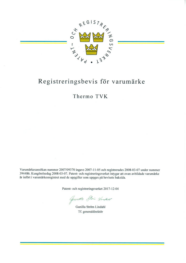 Регистрация торгового знака Thermo TVK в Швеции