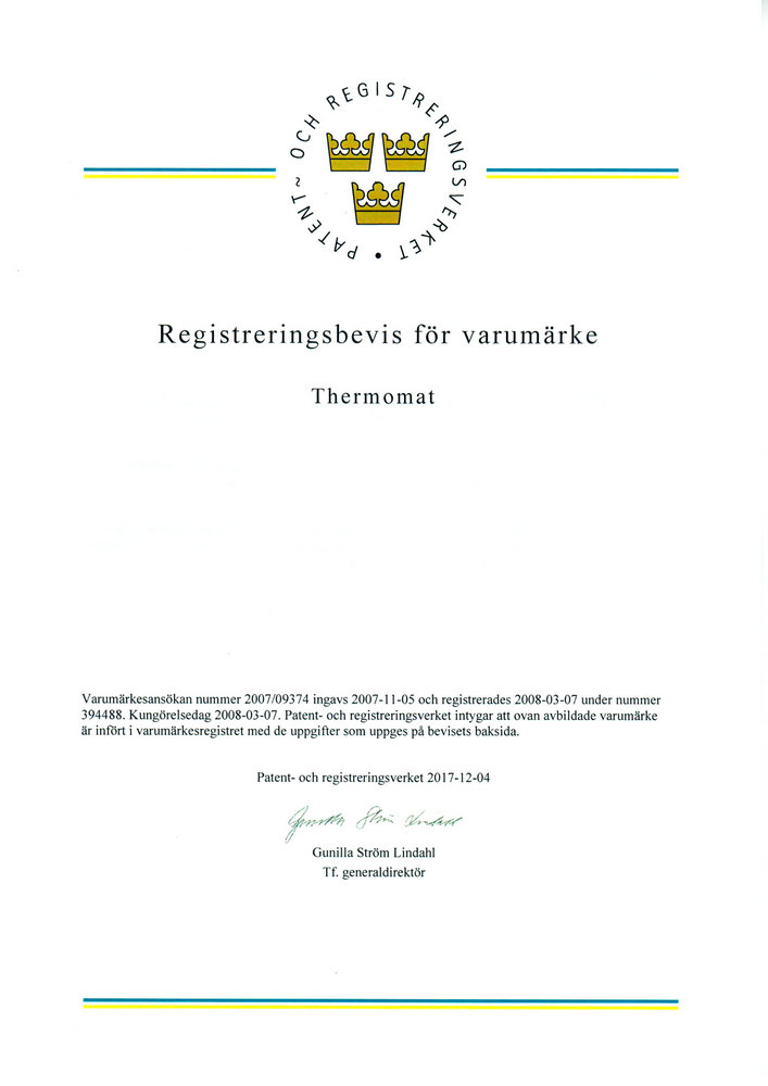 Регистрация торгового знака Thermomat в Швеции