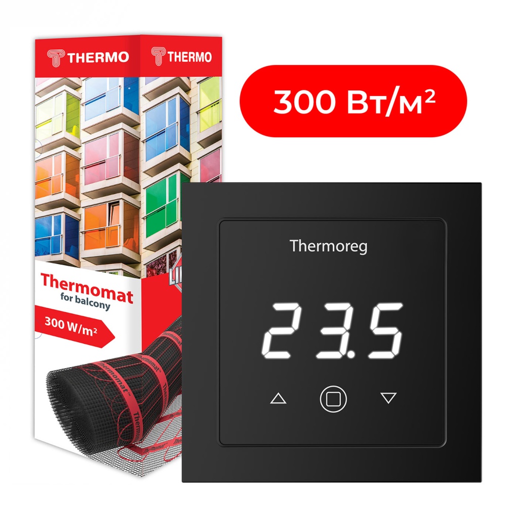 Комплект нагревательный мат для балконов и лоджий Thermomat BL 300 Вт/м² + терморегулятор Thermoreg TI-300 Black