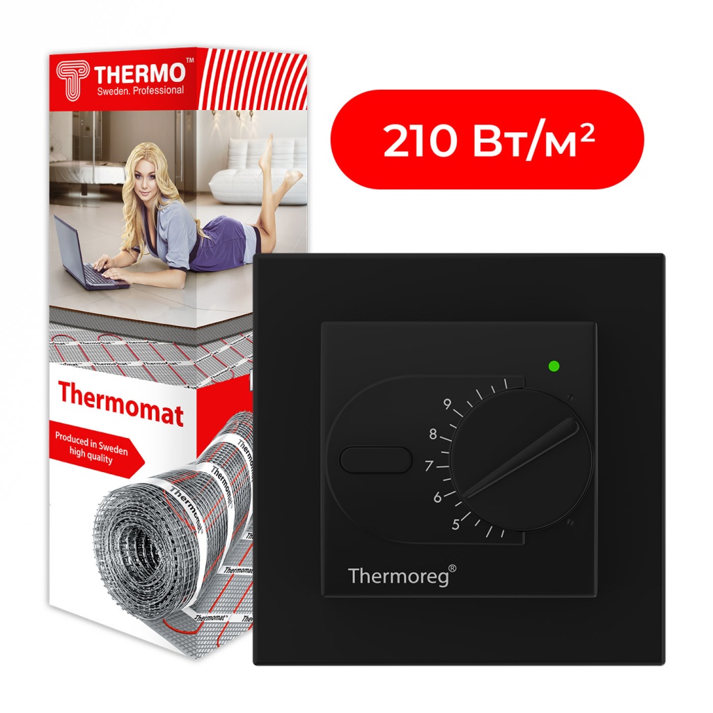 Комплект нагревательный мат Thermomat 210 Вт/м² + терморегулятор Thermoreg TI-200 Design Black